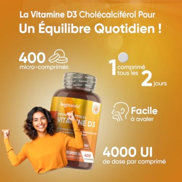 Vitamine D3 4000 ui - 400 Micro Comprimés Pour 1 An - Vitamine D3 Pour Immunité, les Os, Dents, Muscles, Forte Absorption Calcium - Vit D Cholécalciférol, Végétarien - 1 Comprimé Tous Les 2 Jours – Image 4