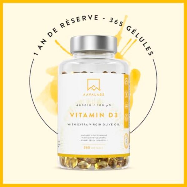 Vitamine D3 4000 UI - Vitamine D avec Huile d’Olive Extra Vierge pour Absorption Optimale - Vitamines sans OGM, sans Gluten et Lactose pour les Fonctions Osseuse, Musculaire, Immunitaire - 365 Gélules – Image 4