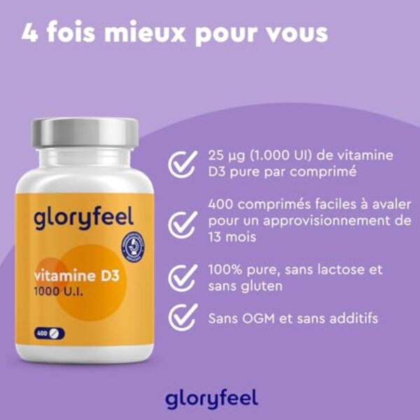 Vitamine D3 400 Comprimés (13 mois) Hautement Dosée, Vitamin D3 pour le Système Immunitaire, Vitamin D 1000 UI (25 mcg) par Comprimé, Soutien les Os, les Dents, et les Muscles*, Sans Additifs – Image 4