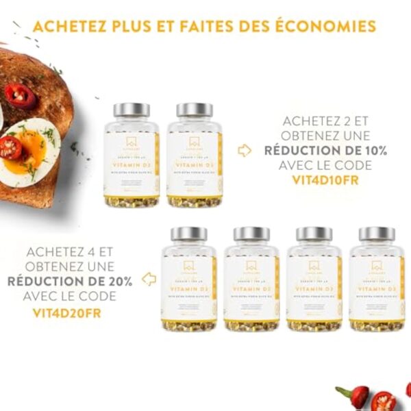 Vitamine D3 4000 UI - Vitamine D avec Huile d’Olive Extra Vierge pour Absorption Optimale - Vitamines sans OGM, sans Gluten et Lactose pour les Fonctions Osseuse, Musculaire, Immunitaire - 365 Gélules – Image 6