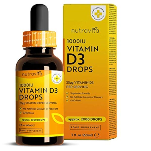 Vitamine D3 Gouttes Végétale - 1000 UI par goutte, 2000 UI par 2 gouttes - Vitamine D Flacon de 60ml - Dosage Facile – Cholécalciférol pour des os, dents, muscles et Système Immunitaire en Bonne Santé