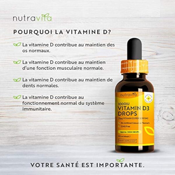 Vitamine D3 Gouttes Végétale - 1000 UI par goutte, 2000 UI par 2 gouttes - Vitamine D Flacon de 60ml - Dosage Facile – Cholécalciférol pour des os, dents, muscles et Système Immunitaire en Bonne Santé – Image 3