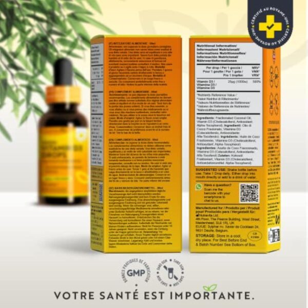 Vitamine D3 Gouttes Végétale - 1000 UI par goutte, 2000 UI par 2 gouttes - Vitamine D Flacon de 60ml - Dosage Facile – Cholécalciférol pour des os, dents, muscles et Système Immunitaire en Bonne Santé – Image 4