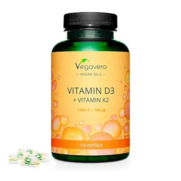 Vitamine D3 + K2 Vegavero® | VEGAN & Naturelle | Haute Biodisponibilité : Avec Huile MCT | Immunité + Os + Muscles | Sans Additifs | Vitamine D3 1000 IU | 120 gélules