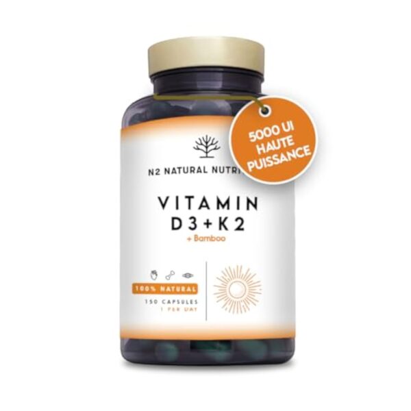 Vitamine D3 K2 Dosage Élevé Naturelle - Vitamine D3 5000 iu + Vitamine K2 MK7 200μg + Silicium Contribue au Fonctionnement Système Immunitaire les Os et les Dents 150 Capsules N2 Natural Nutrition