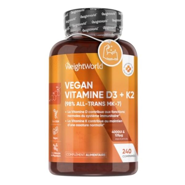 Vitamine D3 K2 Vegan (MK7) 98% ALL-TRANS MK-7-4000 UI Cholécalciférol + 125µg Ménaquinone - 240 Micro Comprimés - 1 Comprimé Tous les 2 Jours - Pour les Os, les Muscles & le Système Immunitaire