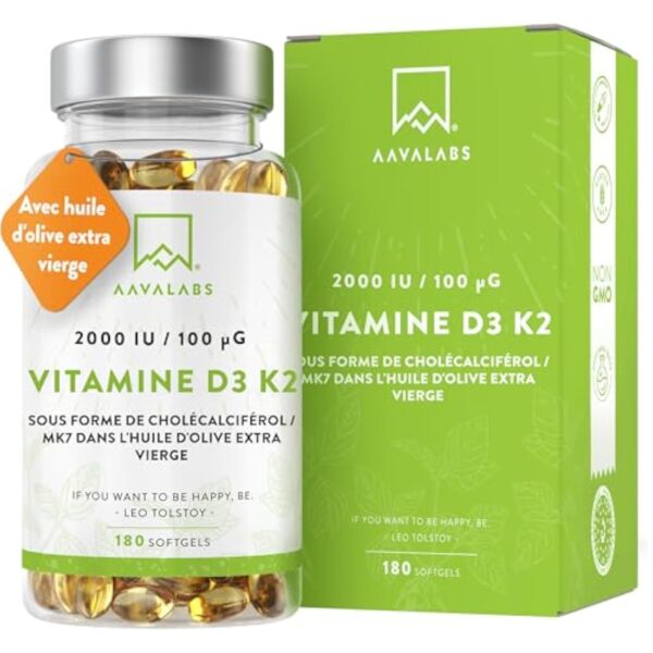 Vitamine D3 K2 avec de l'Huile d’Olive Vierge - Vitamine D3 2000 UI et Vitamine K2 MK7 100 μg pour Os, Muscles, Système Immunitaire - Vitamine D Vitamine K sans OGM, Gluten et Lactose - 180 Gélules