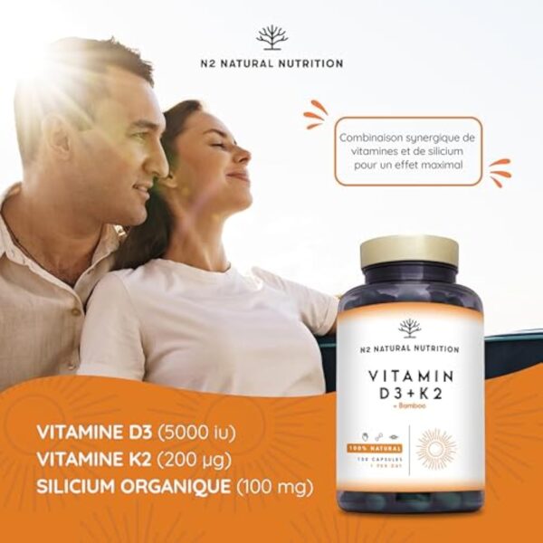 Vitamine D3 K2 Dosage Élevé Naturelle - Vitamine D3 5000 iu + Vitamine K2 MK7 200μg + Silicium Contribue au Fonctionnement Système Immunitaire les Os et les Dents 150 Capsules N2 Natural Nutrition – Image 4