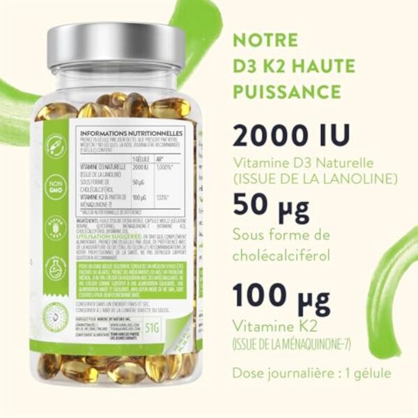 Vitamine D3 K2 avec de l'Huile d’Olive Vierge - Vitamine D3 2000 UI et Vitamine K2 MK7 100 μg pour Os, Muscles, Système Immunitaire - Vitamine D Vitamine K sans OGM, Gluten et Lactose - 180 Gélules – Image 4