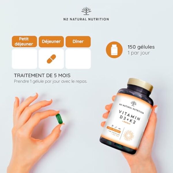 Vitamine D3 K2 Dosage Élevé Naturelle - Vitamine D3 5000 iu + Vitamine K2 MK7 200μg + Silicium Contribue au Fonctionnement Système Immunitaire les Os et les Dents 150 Capsules N2 Natural Nutrition – Image 5