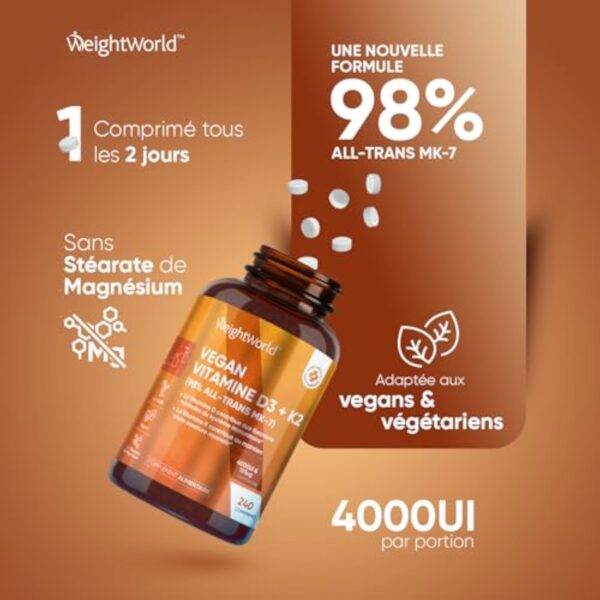 Vitamine D3 K2 Vegan (MK7) 98% ALL-TRANS MK-7-4000 UI Cholécalciférol + 125µg Ménaquinone - 240 Micro Comprimés - 1 Comprimé Tous les 2 Jours - Pour les Os, les Muscles & le Système Immunitaire – Image 6