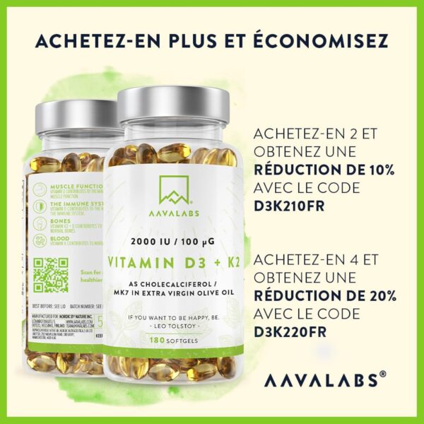 Vitamine D3 K2 avec de l'Huile d’Olive Vierge - Vitamine D3 2000 UI et Vitamine K2 MK7 100 μg pour Os, Muscles, Système Immunitaire - Vitamine D Vitamine K sans OGM, Gluten et Lactose - 180 Gélules – Image 7