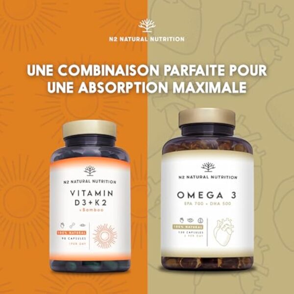 Vitamine D3 K2 Dosage Élevé Naturelle - Vitamine D3 5000 iu + Vitamine K2 MK7 200μg + Silicium Contribue au Fonctionnement Système Immunitaire les Os et les Dents 150 Capsules N2 Natural Nutrition – Image 9