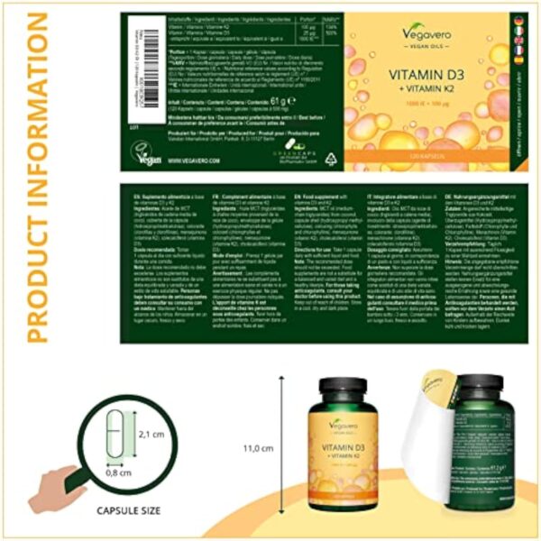 Vitamine D3 + K2 Vegavero® | VEGAN & Naturelle | Haute Biodisponibilité : Avec Huile MCT | Immunité + Os + Muscles | Sans Additifs | Vitamine D3 1000 IU | 120 gélules – Image 3