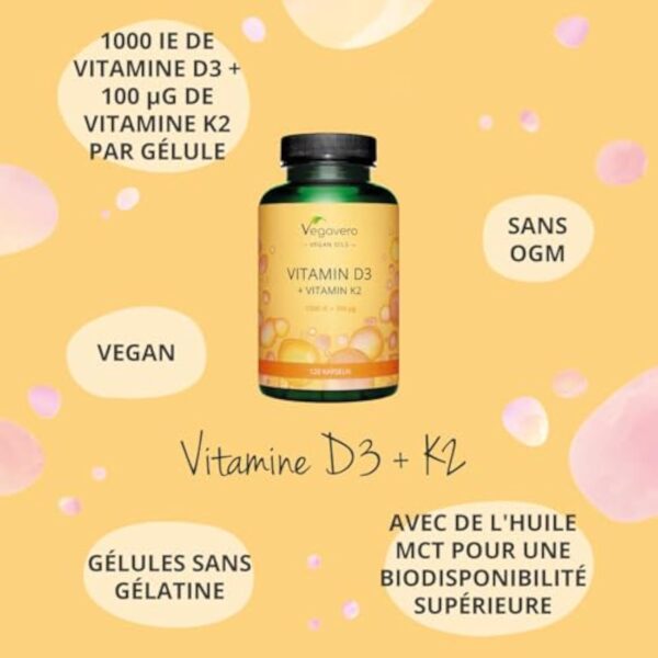 Vitamine D3 + K2 Vegavero® | VEGAN & Naturelle | Haute Biodisponibilité : Avec Huile MCT | Immunité + Os + Muscles | Sans Additifs | Vitamine D3 1000 IU | 120 gélules – Image 7