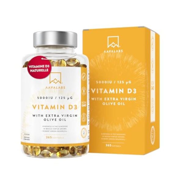 Vitamine D3 Naturelle Haute Concentration 5000 UI - Vitamine D avec Huile d’Olive Extra Vierge pour Absorption Optimale - Vitamines pour les Fonctions Osseuse, Musculaire, Immunitaire - 365 Gélules