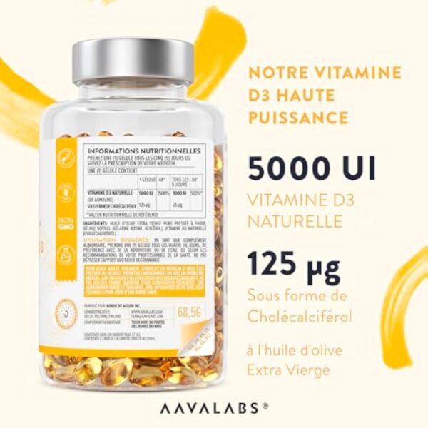 Vitamine D3 Naturelle Haute Concentration 5000 UI - Vitamine D avec Huile d’Olive Extra Vierge pour Absorption Optimale - Vitamines pour les Fonctions Osseuse, Musculaire, Immunitaire - 365 Gélules – Image 4