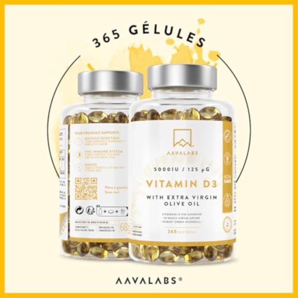 Vitamine D3 Naturelle Haute Concentration 5000 UI - Vitamine D avec Huile d’Olive Extra Vierge pour Absorption Optimale - Vitamines pour les Fonctions Osseuse, Musculaire, Immunitaire - 365 Gélules – Image 6