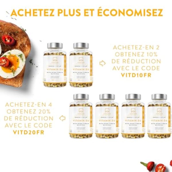 Vitamine D3 Naturelle Haute Concentration 5000 UI - Vitamine D avec Huile d’Olive Extra Vierge pour Absorption Optimale - Vitamines pour les Fonctions Osseuse, Musculaire, Immunitaire - 365 Gélules – Image 8