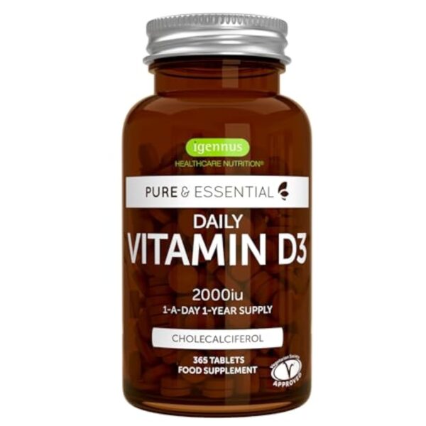 Vitamine D3 Quotidienne 2000 UI Cholécalciférol, Cure d’un an, 1 par jour. Défenses immunitaires, Soutient des os, dents et muscles. Végétarien - par Igennus