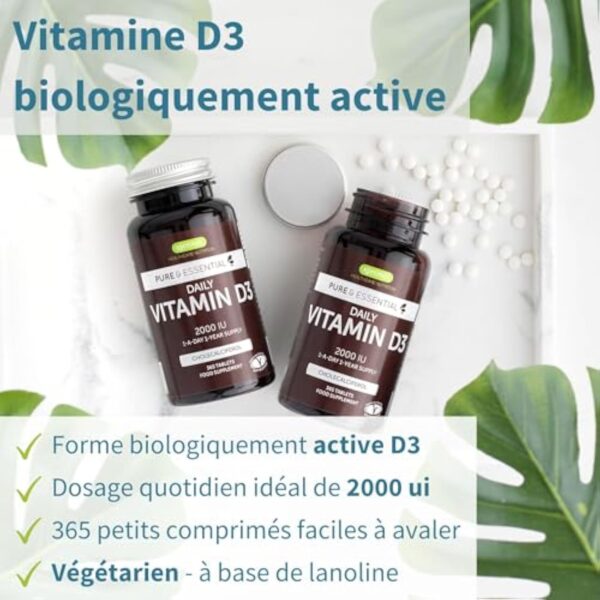 Vitamine D3 Quotidienne 2000 UI Cholécalciférol, Cure d’un an, 1 par jour. Défenses immunitaires, Soutient des os, dents et muscles. Végétarien - par Igennus – Image 3