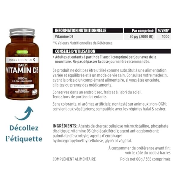 Vitamine D3 Quotidienne 2000 UI Cholécalciférol, Cure d’un an, 1 par jour. Défenses immunitaires, Soutient des os, dents et muscles. Végétarien - par Igennus – Image 7