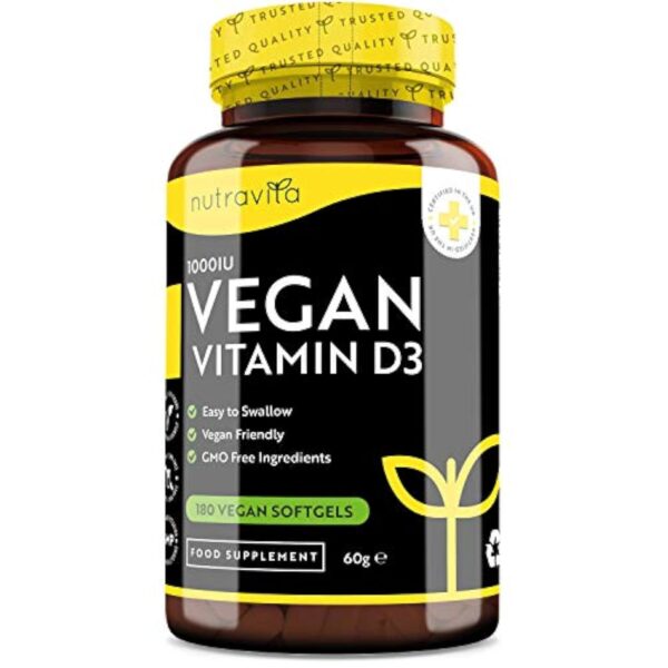 Vitamine D3 Vegan 1000 UI par Capsule - Capsules molles de Vitamine D3 Végan à base de plantes dérivées du Lichen - Maintien du système immunitaire, des muscles, de dents et d’os sains - 180 gélules