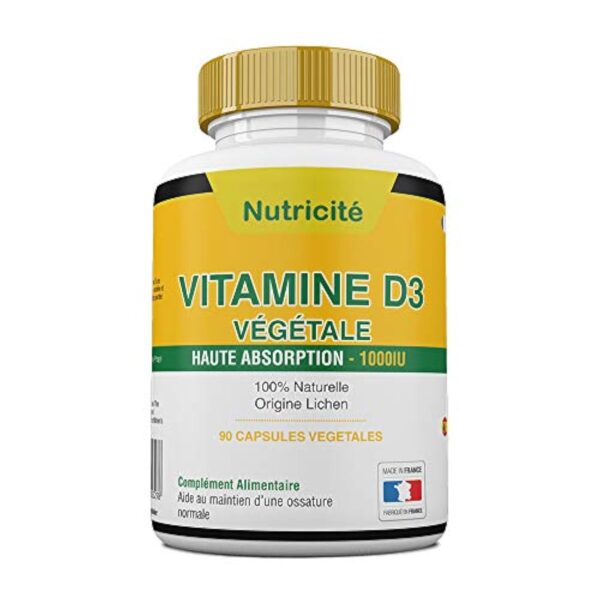 Vitamine d3 1000 ui Fabriquée en France – Soulage les douleurs articulaires et osseuses – Stimule l'energie et le moral – Enfin une vitamine d3 naturelle qui convient au regime vegetarien