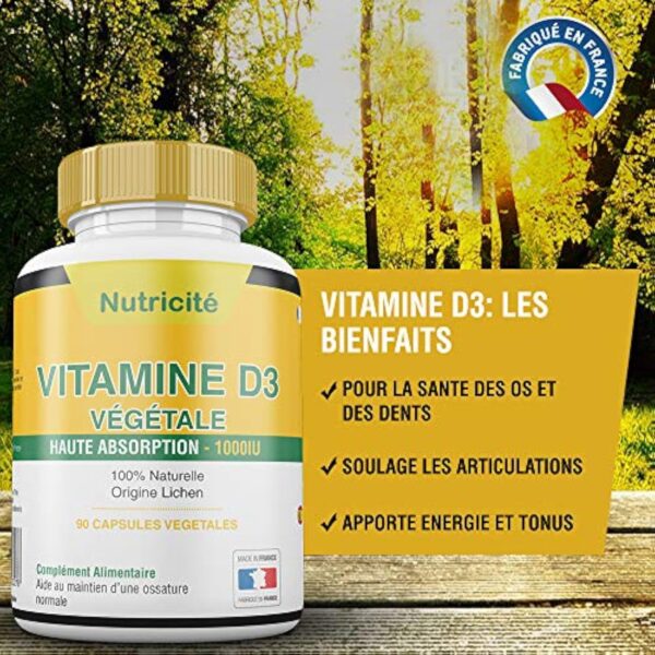 Vitamine d3 1000 ui Fabriquée en France – Soulage les douleurs articulaires et osseuses – Stimule l'energie et le moral – Enfin une vitamine d3 naturelle qui convient au regime vegetarien – Image 3