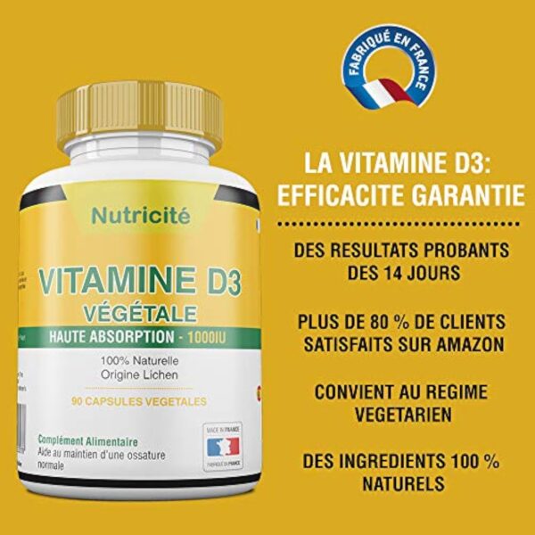 Vitamine d3 1000 ui Fabriquée en France – Soulage les douleurs articulaires et osseuses – Stimule l'energie et le moral – Enfin une vitamine d3 naturelle qui convient au regime vegetarien – Image 4