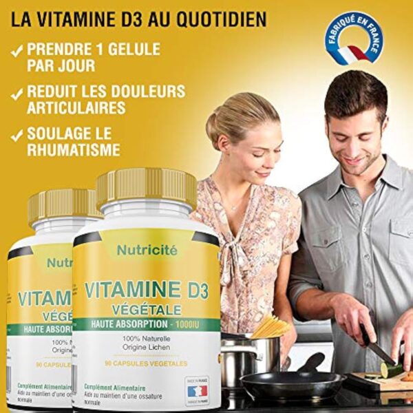 Vitamine d3 1000 ui Fabriquée en France – Soulage les douleurs articulaires et osseuses – Stimule l'energie et le moral – Enfin une vitamine d3 naturelle qui convient au regime vegetarien – Image 5