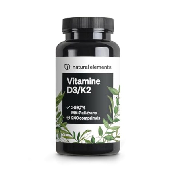 Vitamines D3 + K2 – MK-7 all-trans > 99,7% et vitamine D3 2000 U.I. – 240 comprimés – hautement dosé, haute biodisponibilité – sans additifs inutiles