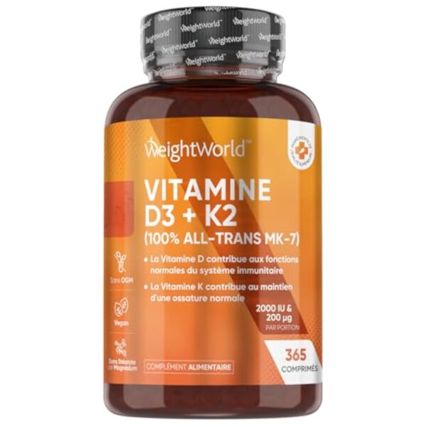 Vitamines D3 K2 (MK7) 100 % Pure 365 Comprimés - Combinaison Vitamine D3 2000 UI + Vitamine K2 200 μg - Pour les Os, Muscles, le Système Immunitaire, la Coagulation Sanguine Vitamine du Soleil EFSA