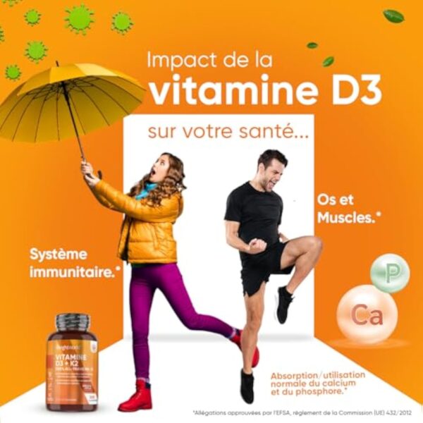 Vitamines D3 K2 (MK7) 100 % Pure 365 Comprimés - Combinaison Vitamine D3 2000 UI + Vitamine K2 200 μg - Pour les Os, Muscles, le Système Immunitaire, la Coagulation Sanguine Vitamine du Soleil EFSA – Image 3