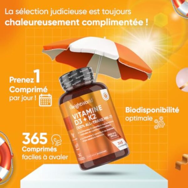 Vitamines D3 K2 (MK7) 100 % Pure 365 Comprimés - Combinaison Vitamine D3 2000 UI + Vitamine K2 200 μg - Pour les Os, Muscles, le Système Immunitaire, la Coagulation Sanguine Vitamine du Soleil EFSA – Image 5