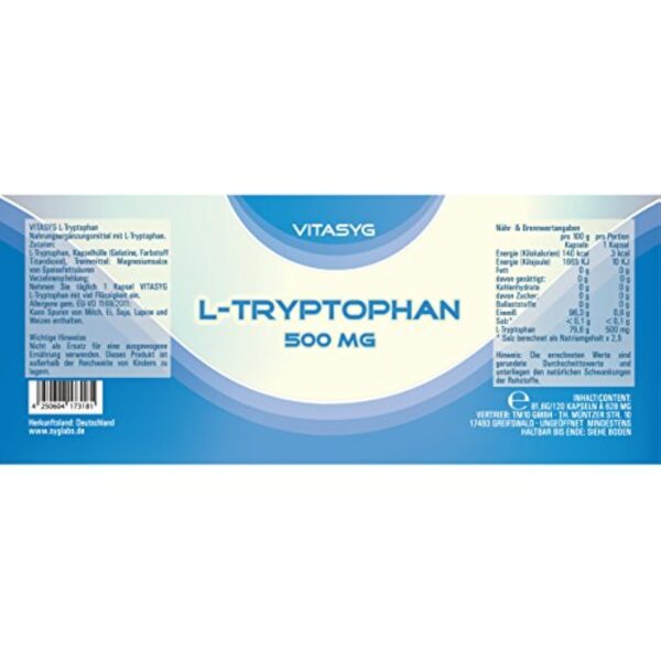 Vitasyg L-tryptophane, 500mg - 240 gélules, 160g – Image 3