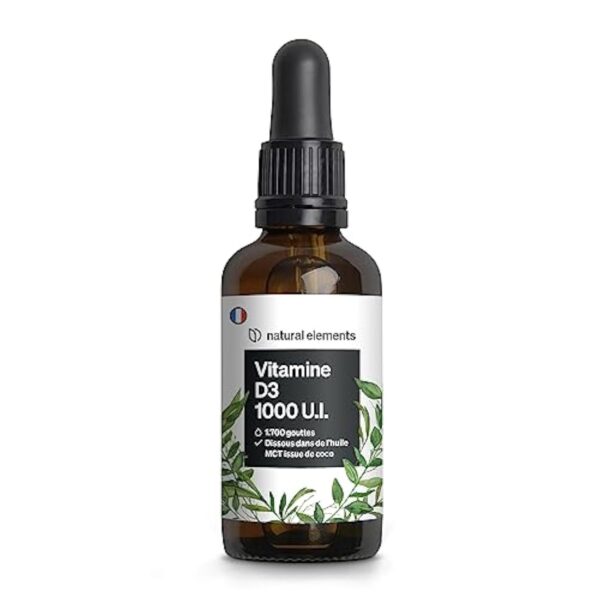 natural elements Vitamine D3 – 1000 U.I. Vitamine D par goutte – 50 ml (1700 gouttes) – enhuile TCM de noix de coco – fortement dosée, liquide