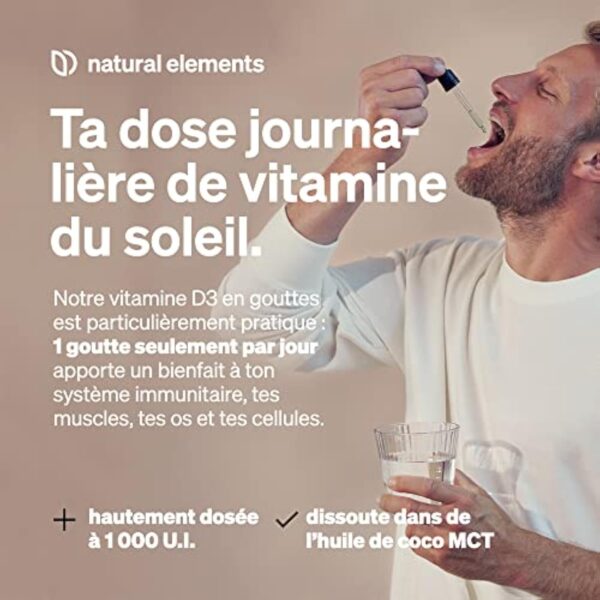 natural elements Vitamine D3 – 1000 U.I. Vitamine D par goutte – 50 ml (1700 gouttes) – enhuile TCM de noix de coco – fortement dosée, liquide – Image 5