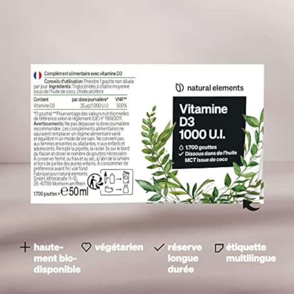 natural elements Vitamine D3 – 1000 U.I. Vitamine D par goutte – 50 ml (1700 gouttes) – enhuile TCM de noix de coco – fortement dosée, liquide – Image 7