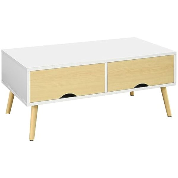 HOMCOM Table Basse de Salon rectangulaire avec 2 tiroirs et 1 Compartiment Ouvert 4 Pieds inclinés Bois - 90 x 48 x 39 cm - Blanc et Naturel – Image 2