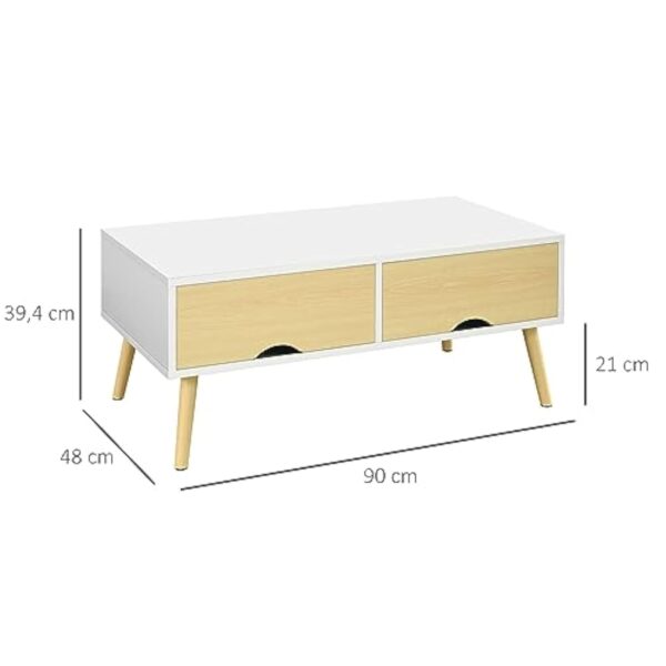 HOMCOM Table Basse de Salon rectangulaire avec 2 tiroirs et 1 Compartiment Ouvert 4 Pieds inclinés Bois - 90 x 48 x 39 cm - Blanc et Naturel – Image 4