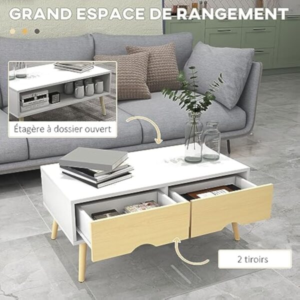 HOMCOM Table Basse de Salon rectangulaire avec 2 tiroirs et 1 Compartiment Ouvert 4 Pieds inclinés Bois - 90 x 48 x 39 cm - Blanc et Naturel – Image 5