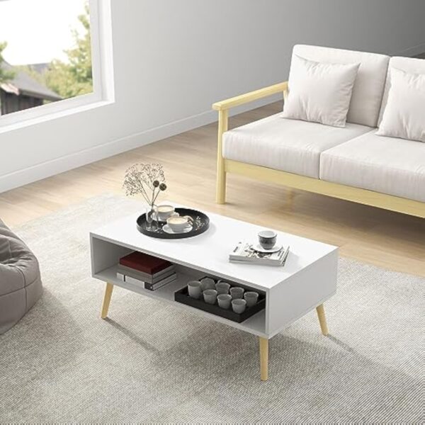 HOMCOM Table Basse de Salon rectangulaire avec 2 tiroirs et 1 Compartiment Ouvert 4 Pieds inclinés Bois - 90 x 48 x 39 cm - Blanc et Naturel – Image 8