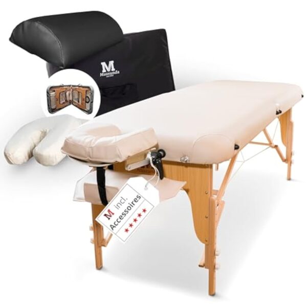 MASSUNDA Comfort Deluxe - Table de Massage Pliante et réglable en Hauteur, Table de Massage Pliable en Bois Massif, Repose-Bras, Coussin de Soutien de Nuque, têtière Ergonomique (Beige) – Image 2