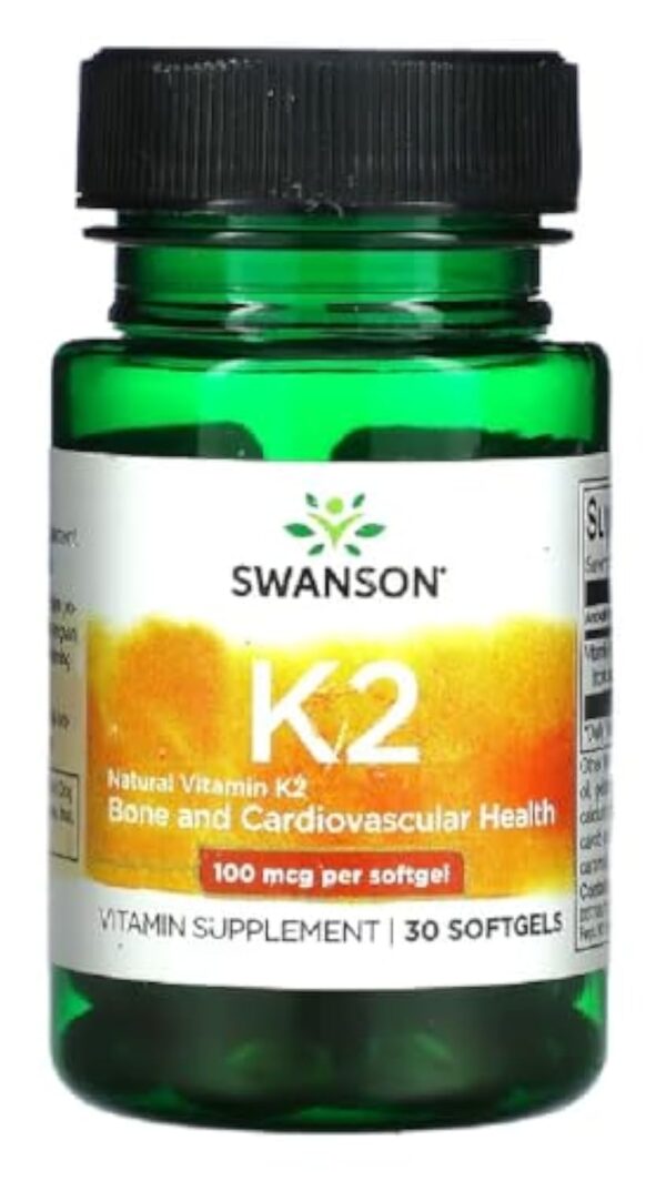 Swanson - K2 100 mcg - Vitamine K2 (Ménachinone-7 de Natto) | Soutien naturel pour la santé osseuse et cardiovasculaire - 30 Gélules, 100 mcg