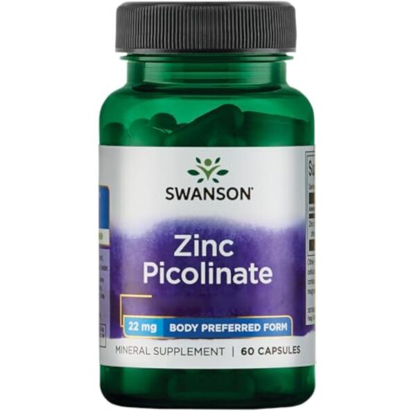 Swanson, Zinc Picolinate (Picolinate de Zinc), avec 22mg de Zinc Élémentaire, 60 Capsules, Hautement Dosé, Testé en Laboratoire, Sans Soja, Sans Gluten, Sans OGM