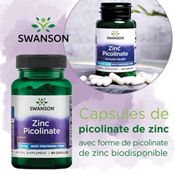 Swanson, Zinc Picolinate (Picolinate de Zinc), avec 22mg de Zinc Élémentaire, 60 Capsules, Hautement Dosé, Testé en Laboratoire, Sans Soja, Sans Gluten, Sans OGM – Image 3