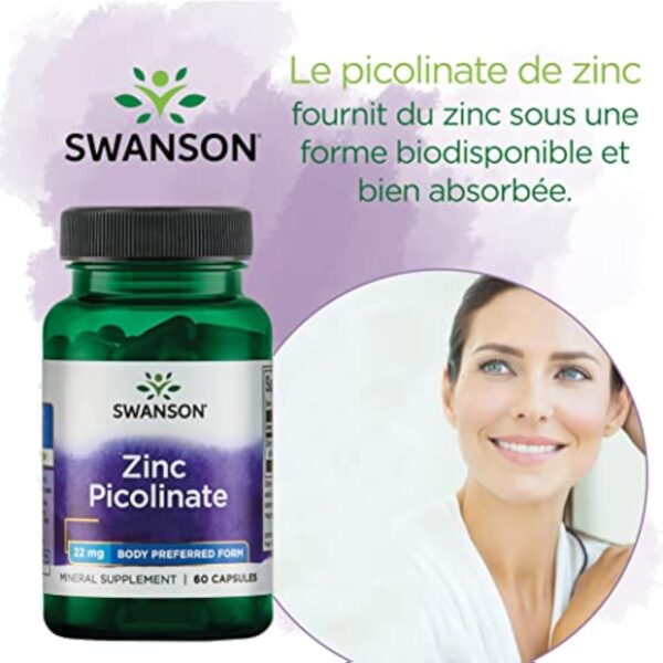 Swanson, Zinc Picolinate (Picolinate de Zinc), avec 22mg de Zinc Élémentaire, 60 Capsules, Hautement Dosé, Testé en Laboratoire, Sans Soja, Sans Gluten, Sans OGM – Image 4