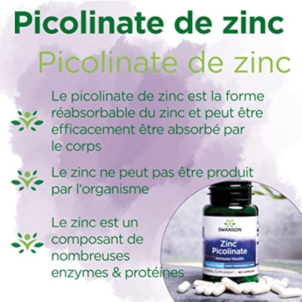 Swanson, Zinc Picolinate (Picolinate de Zinc), avec 22mg de Zinc Élémentaire, 60 Capsules, Hautement Dosé, Testé en Laboratoire, Sans Soja, Sans Gluten, Sans OGM – Image 5