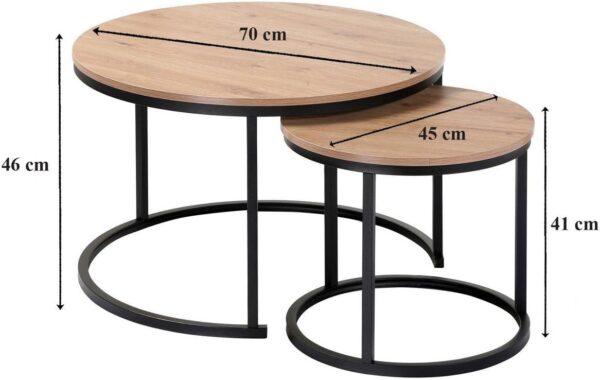 2 Tables Basses Gigognes Rondes - Décor Bois - Panneaux Particules Mélaminés FSC - Pieds Métal - Modulables - Salon - Style Industriel - L 70 x l – Image 4